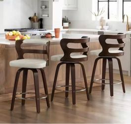 Arabela Set of 3 )Mid-Century Modern Swivel Counter-Height Bar Stools (26 inches / 66 cm) in Light Gray-Beige Faux Leather and Dark Walnut Wood