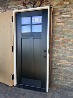 Regency 36 in. × 80 in. 4 Lite 1/4 Toplite LHIS Clear Glass Onyx Stained Fir Grain Fiberglass Prehung Front Door
