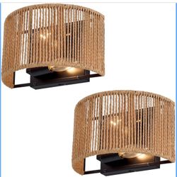 Set of Two, Wall Hanging Lamps with Hand Woven Hemp Rope Shade