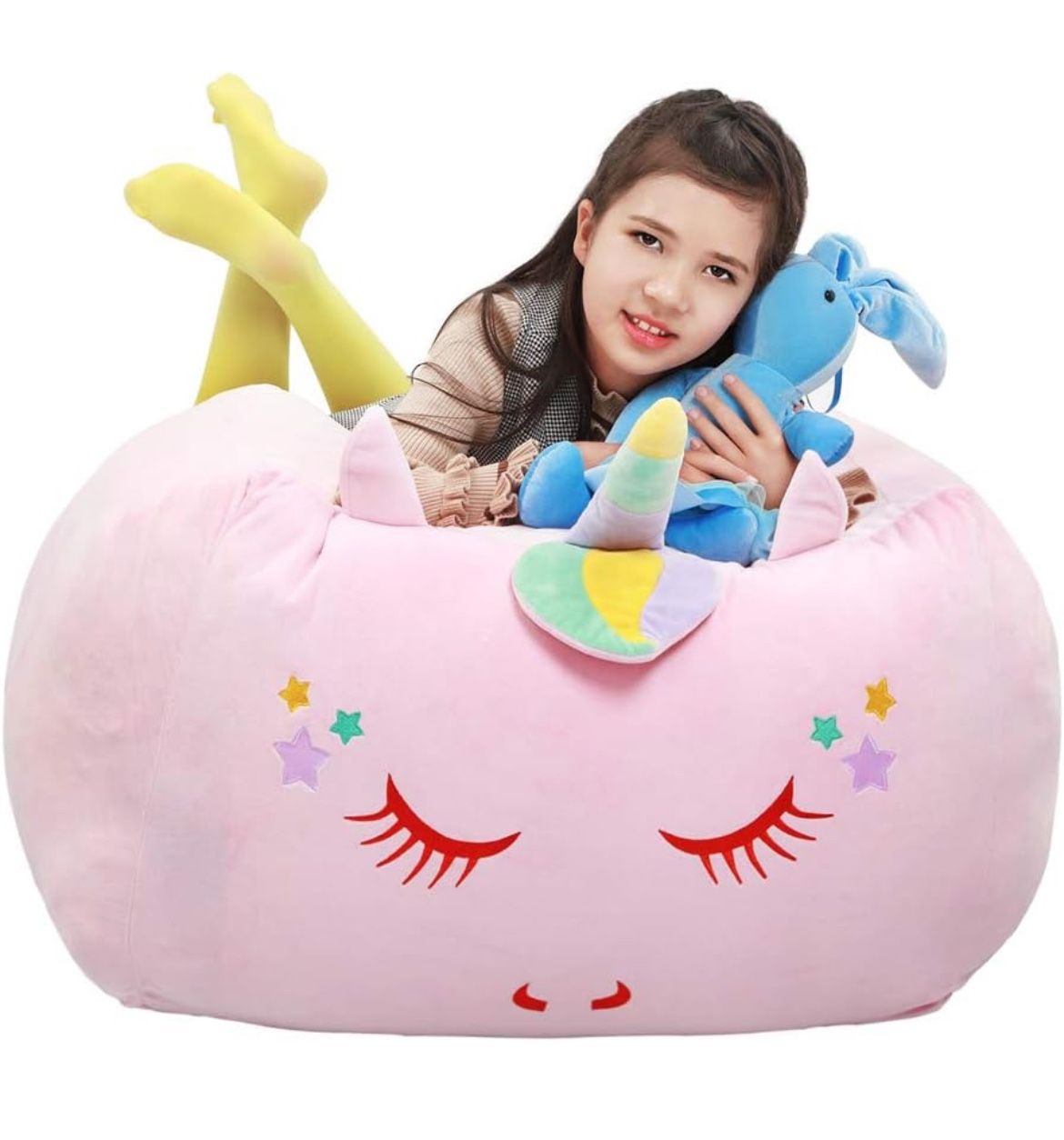 😲 Unicorn Stuffed Animal Toy Storage, Bean Bag Chair Cover ONLY, Velvet Extra Soft Organization Replace Mesh Hammock for Kids Blankets Towels Clothes