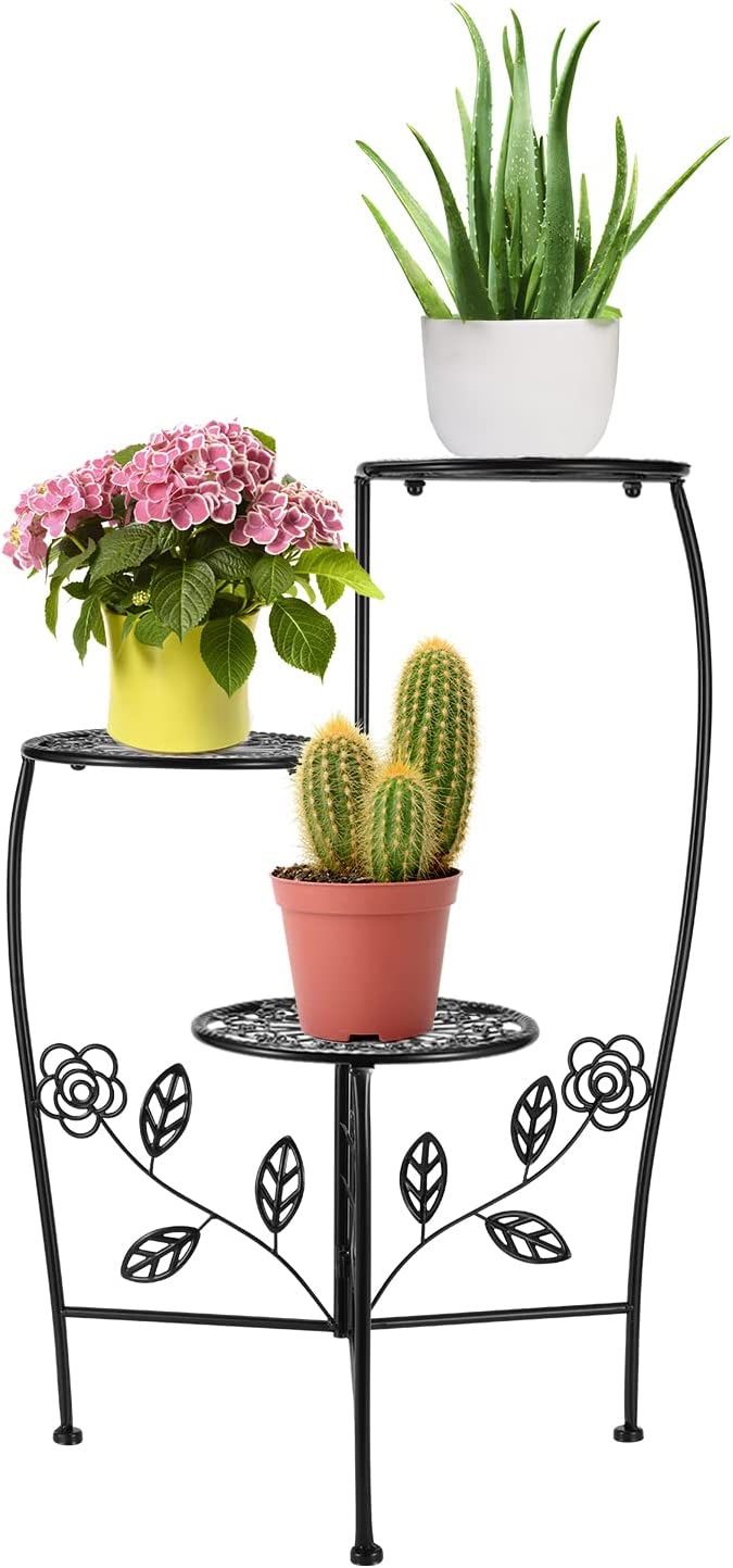 Plant Stand Indoor, Metal Flower Holder with 3 Different Size, Rust Resistant，3 Pots Wrought Iron Plant Stands for Flower Pots (Black)