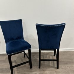 Set of 2 Navy Blue Bar Stools – Studded Upholstered with Black Legs