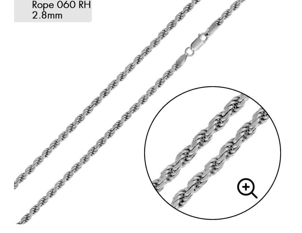 Women’s 20” Rhodium Plated 925 Sterling Silver Rope 060 2.8mm Chain