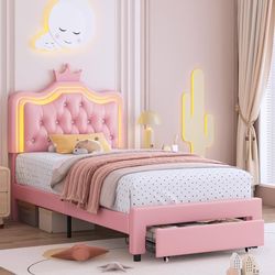 Twin Size Upholstered LED Bed Frame with Storage Drawer, Leather Princess Platform Bed with Adjustable Crystal Button Tufted Crown Headboard, Solid Wo