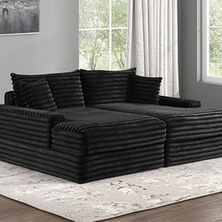 Versoix Black Padded Chenille Double Chaise Couch Lounge Sofa Love Seat w/ USB