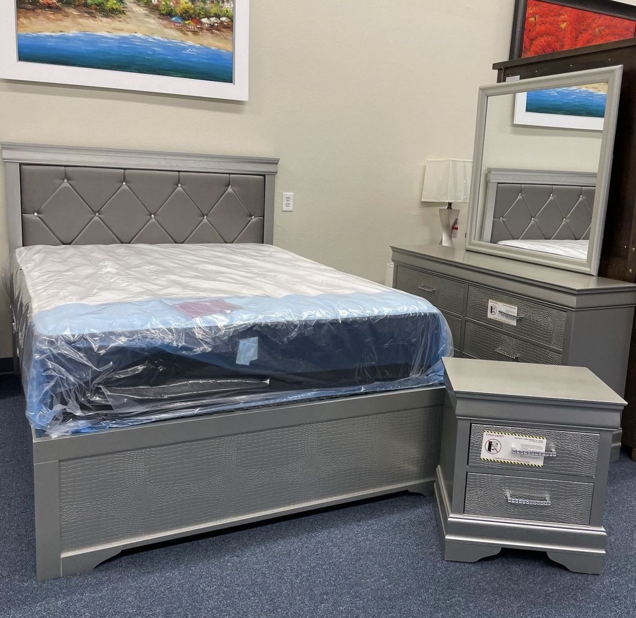 Queen Silver Bedroom Set ( Bed Frame Dresser Mirror And One Nightstand)