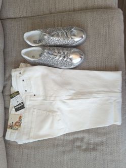 Unisex white flare pants size M and platform silver sneakers for women size 11. All is brand new never worn.