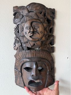 Mayan or Aztec-Inspired Wooden Mask Wall Art