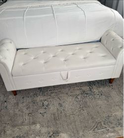White Tufted Storage Bench with Rolled Arms