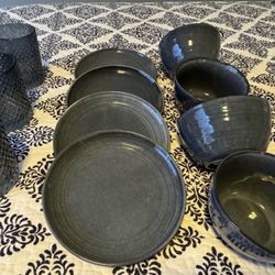 New Blue Stoneware  8” Plates (4) Bowls (4) And 3 Glass Candle Holders 