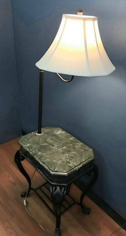 Vintage Wrought Iron End Table with Integrated Floor Lamp Green Marble Top
