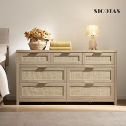 7 Drawer Dresser for Bedroom, 57" Wide Rattan Dressers, Large Chest of Drawers for Bedroom, Dresser TV Stand, Boho Closet Organizer (Reclaimed Light O