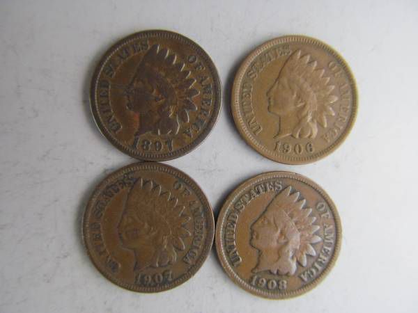 Set of 4 Different F Grade Indian Head Cents -- LOW COST COINS!