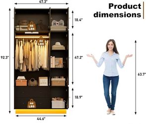 🥨92.2" Tall Armoire Wardrobe Closet with Mirror & Motion Sensor Light, Large Storage Cabinet with 2 Drawers, Hanging Rod & Adjustable LED Strip, Anti