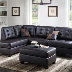 Brand New Espresso Leather Sectional Sofa With Ottoman 