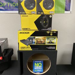 New (1) 12” inch KICKER Comp C 600 Watts Subwoofer + Kicker 1320 Watts 5 Channel Amp + (4) 6.5” Kicker Speakers + Box 🔊🤑