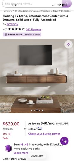 Floating TV Stand, Entertainment Center with 4 Drawers, Solid Wood, Fully-Assembled - Color: Dark Brown