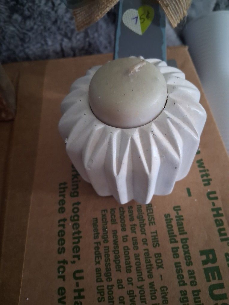 New, White Candle Holder With Candle