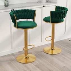 Set of 2 Counter Height Bar Stools, Barstools Bar Height, Velvet Swivel Woven Back elegant Green