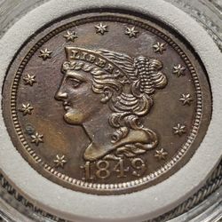 B0SX3150 CRAZY AWESOME EARLY DIE STATE DETAILED HALF CENT 1849 SUPER LOW MINTAGE