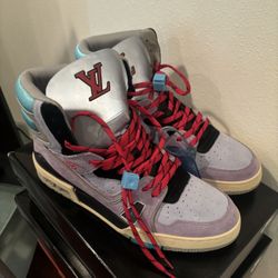 Louis Vuitton LV Trainer Ankle Sneakers in a 'Purple Red Blue' colorway