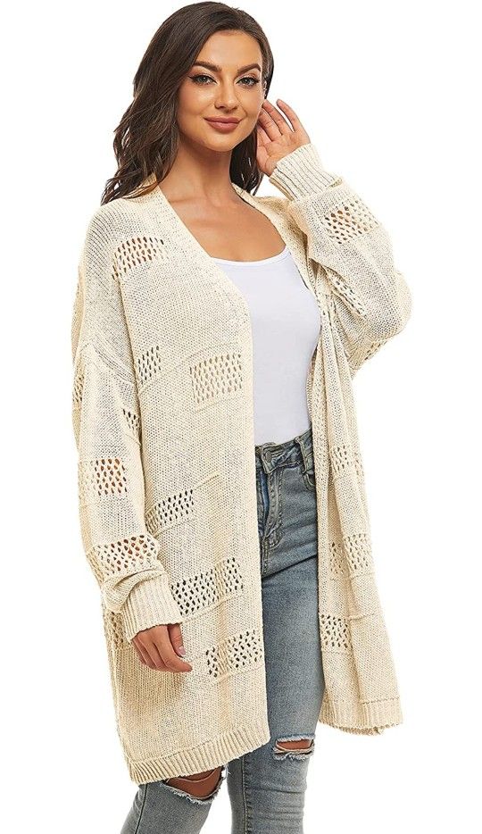 Women's Batwing Sleeve Hollow Out Open Front Knit Long Oversized Cardigans Sweaters Outerwear Size M Only BEIGE  BRANDNEW WITH TAG