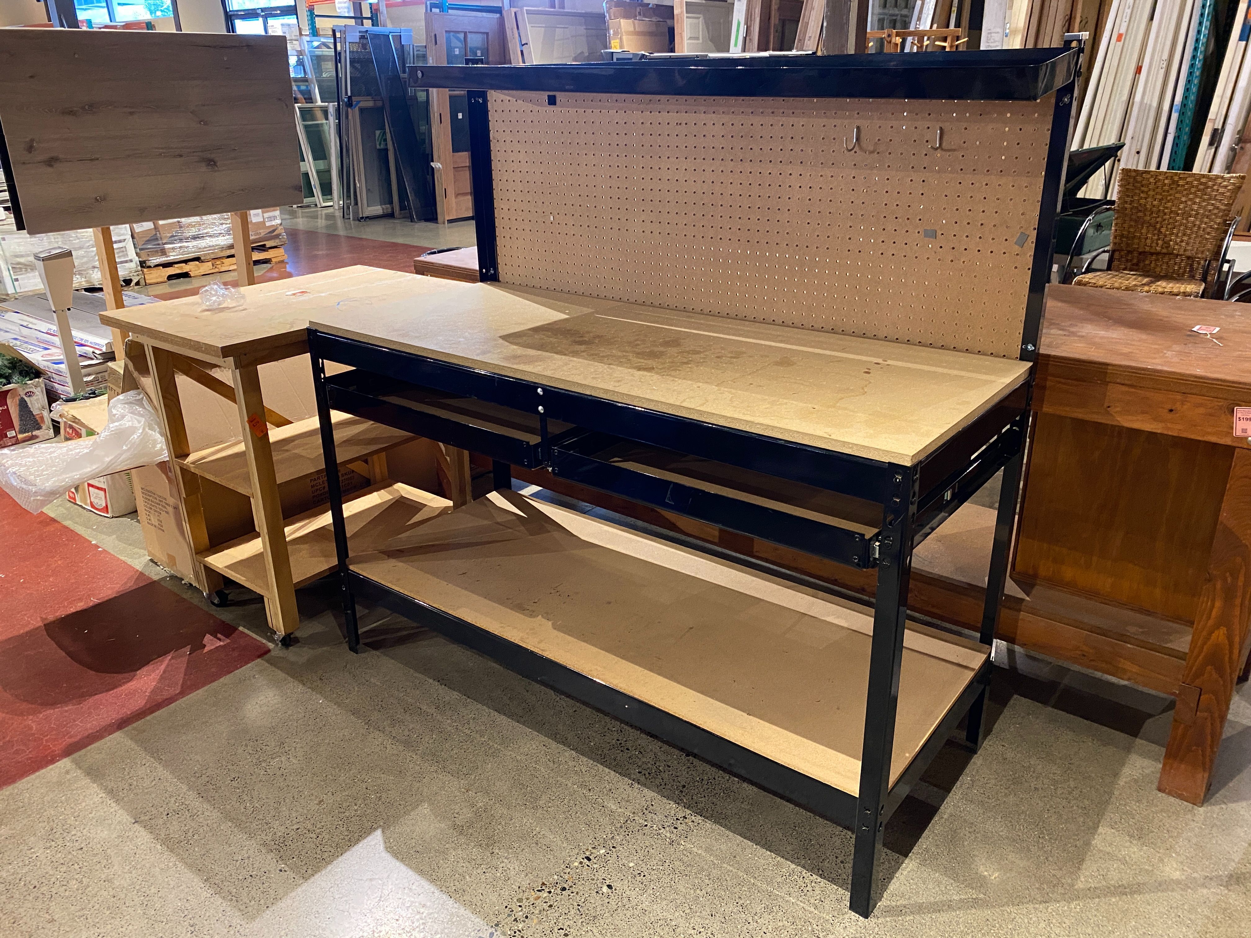 Shop Table with Metal Drawers and Pegboard Backing