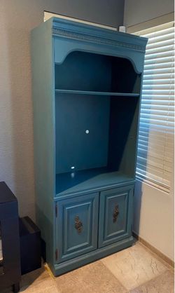 Teal Painted Wood Cabinet with Open Shelving