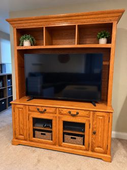Oak Wood TV Entertainment Center with Hutch