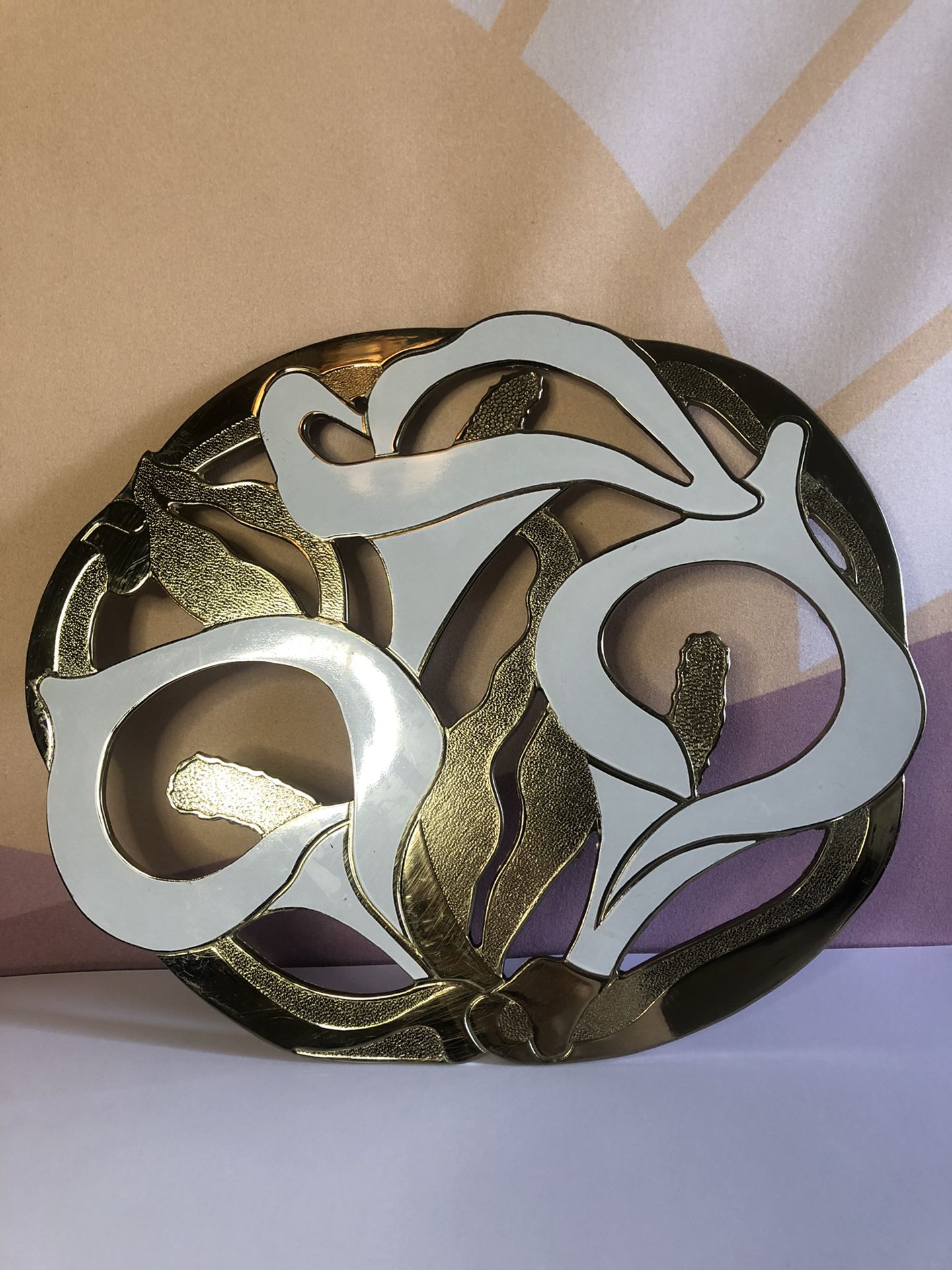 Vintage 1970s Rogers Brass and White Calla Lily Trivet/Hot Pad by Oneida