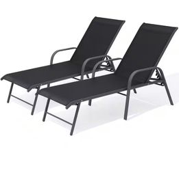 All-Weather Aluminum 2-Piece Outdoor Chaise Lounge with 6-Position Adjustable Metal Backrest and Armrests in Black