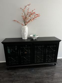 Black 4-Door Wood Lattice Storage Accent Cabinet