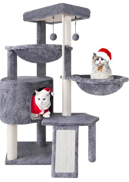 Xin Three Layer Cat Tree with Cat Condo and Two Hammocks,Grey