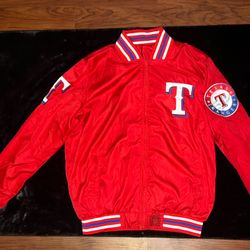 Texas Rangers Red Varsity Jacket w/ Logos & Removable Hoodie 