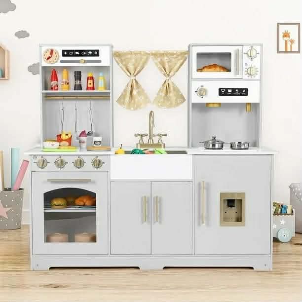 Wooden Kids Kitchen Playset, Interactive Pretend Kitchen Toys with Sounds & Lights, Stove, Microwave, Sink, Water Dispenser