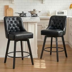 Counter Height Swivel Barstools with Back,26" H Seat Height Upholstered Bar Stools for Kitchen Island,Set of 2,Black Leather