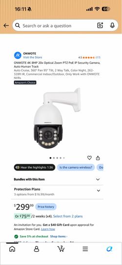 ONWOTE 4K 8MP 20x Optical Zoom PTZ PoE IP Security Camera, Auto Human Track Auto Cruise, 360° Pan 95° Tilt, 2 Way Talk, Color Night, 262-328ft IR, Com