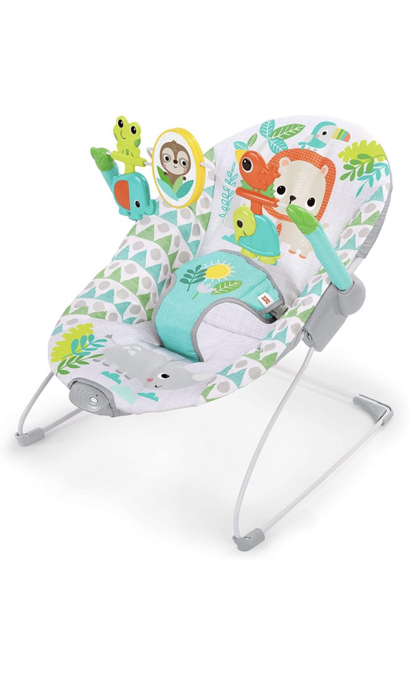 Brand new Bright Starts Spinnin' Safari Vibrating Baby Bouncer Seat with Toy Bar