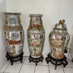 20th Century Chinese Cantonese Rose Medallion Famille Rose Gilded Floor Vase ($1.350 set of 3)