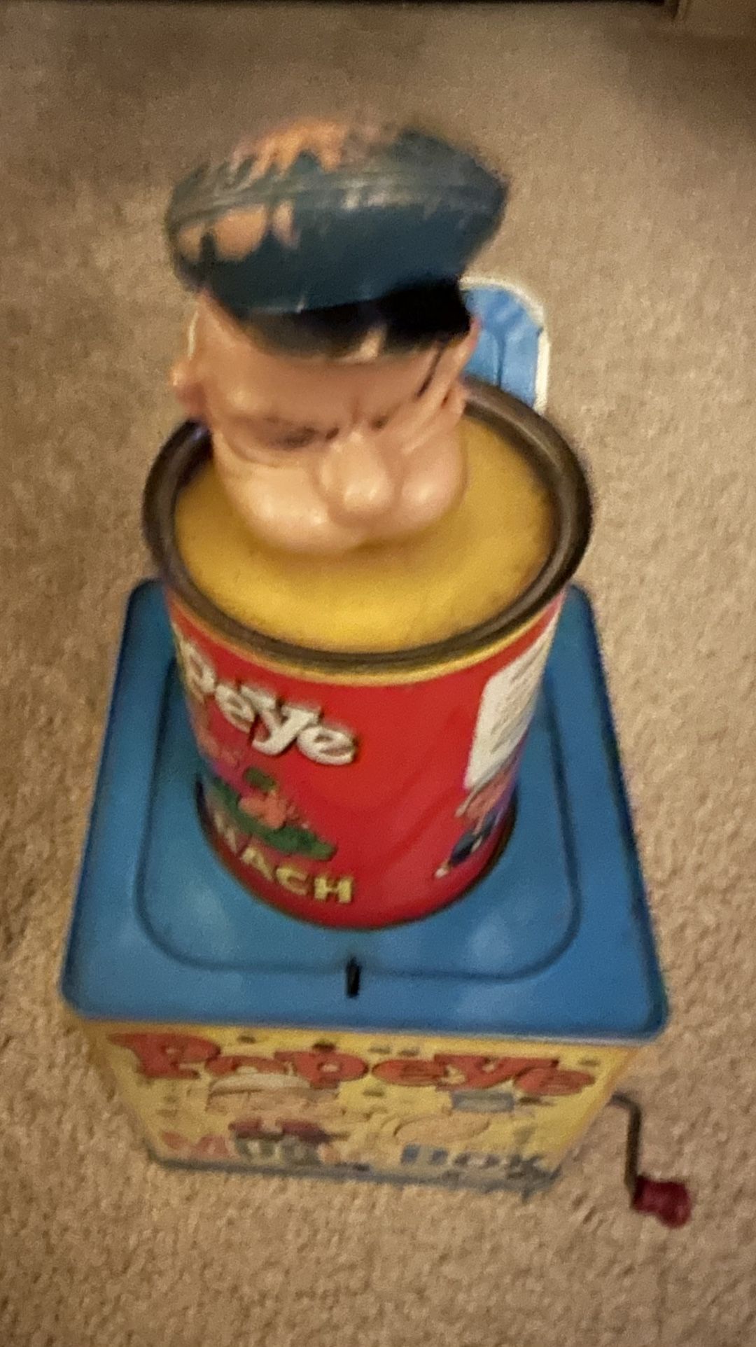 POPEYE MUSIC BOX MATTEL 1950'S SPINACH TIN CAN JACK IN THE BOX TOY