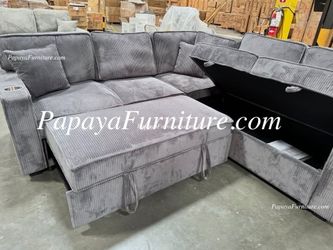 NEW L Shape Sectional Sofa and Pullout Sleeper Bed Storage Dark Grey Pull out Convertible Sofabed Discount Furniture warehouse Under seat Pull out