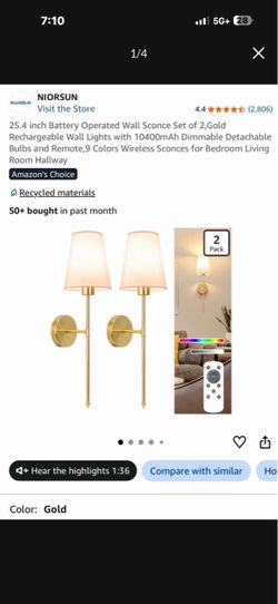 NIORSUN Gold Battery Operated Wall Sconces Set of 2