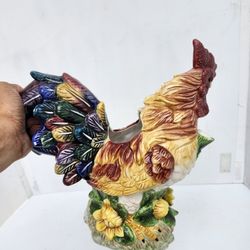 Ceramic Majolica Rooster Mid Century Water Milk Pitcher Jug 11.75"