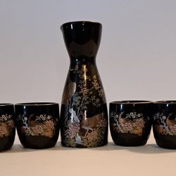 Vintage Japanese Black & Gold Peacock Sake Set