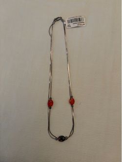 Silver Double Chain Silver Necklace with Red & Black Stones