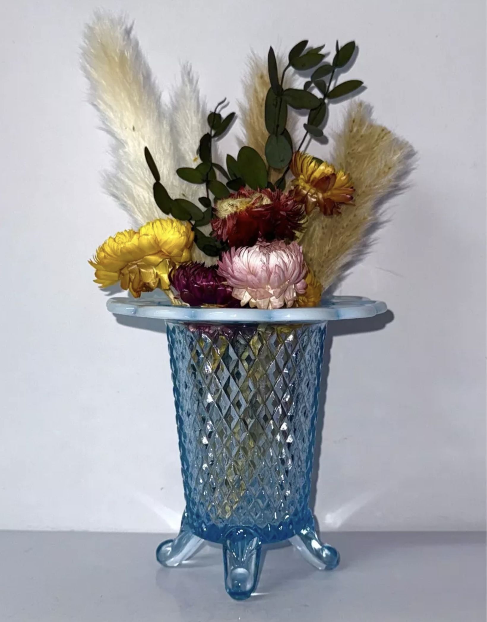 Imperial Glass "Laced Edge" opalescent blue vase, featuring the classic Genie design. 