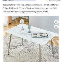 QRRICA Modern Minimalist Rectangular Dining Table with 0.4 inch Imitation Marble Tabletop Metal Legs,White+Silver