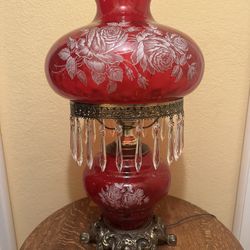 Gorgeous Fenton Art Glass Red Diamond Optic Duel Light Table Lamp, Circa 1927 through 1938