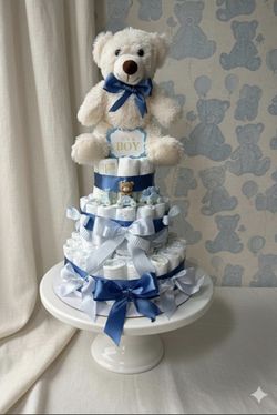Baby Boy Teddy Bear Diaper Cake, Blue Baby Shower Centerpiece, Luxury Teddy Theme Baby Shower Decor