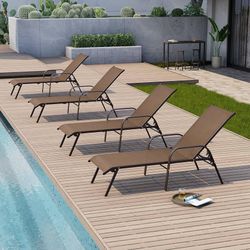 2390i $240  Chaise Lounge Chair Outdoor, Pool Chairs Set of 4 with Armrests (Brown) 5-Position Adjustable Backrest, Sturdy Metal Frame and All Weather